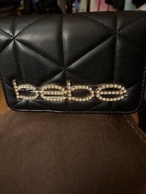 bebe Black Quilted Crossbody with Rhinestone Logo